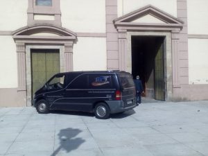van outside church